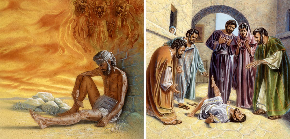 Gihampak ni Satanas ug sa mga demonyo si Job ug hapdos nga mga hubag, ug ilang gisakit ang usa ka tawo