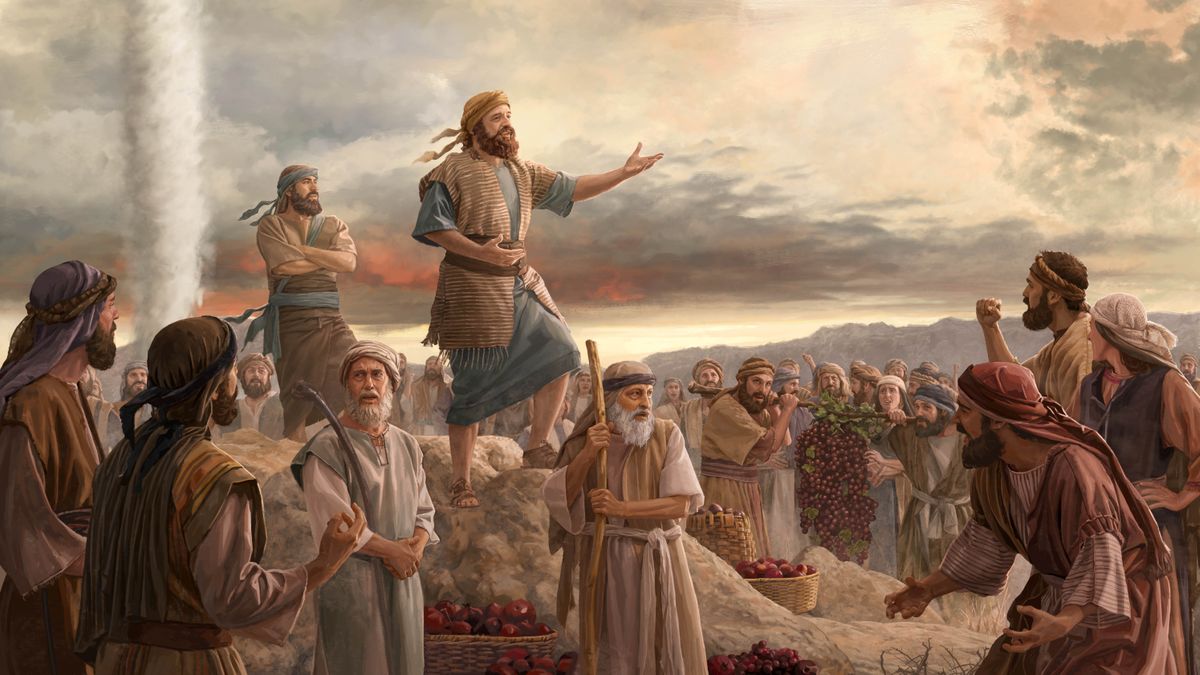 Si Caleb misulti sa iyang mga isigka-Israelinhon, ug nagpakita sa pipila ka abot gikan sa Yutang Saad. Si Josue, Moises, ug Aaron nagtindog sa duol samtang ang uban nangasuko.