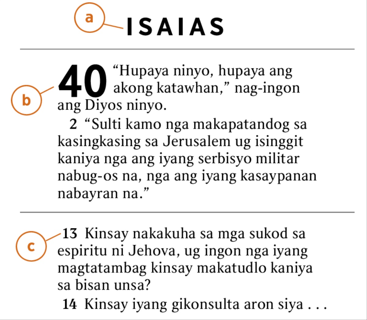 Teksto sa Bibliya nga gipasiugda aron mahibaloan kon unsa a) ang basahon sa Bibliya, b) ang kapitulo, ug c) ang bersikulo