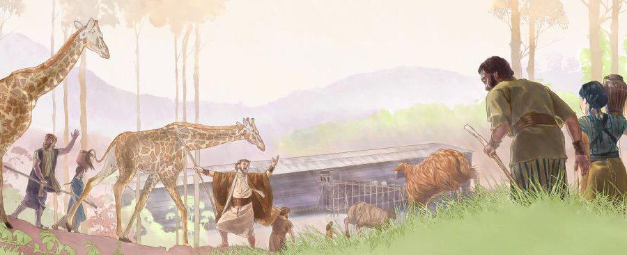 نوح و خێزانە‌کە‌ی ئاژە‌ڵە‌کان کۆدە‌کە‌نە‌وە