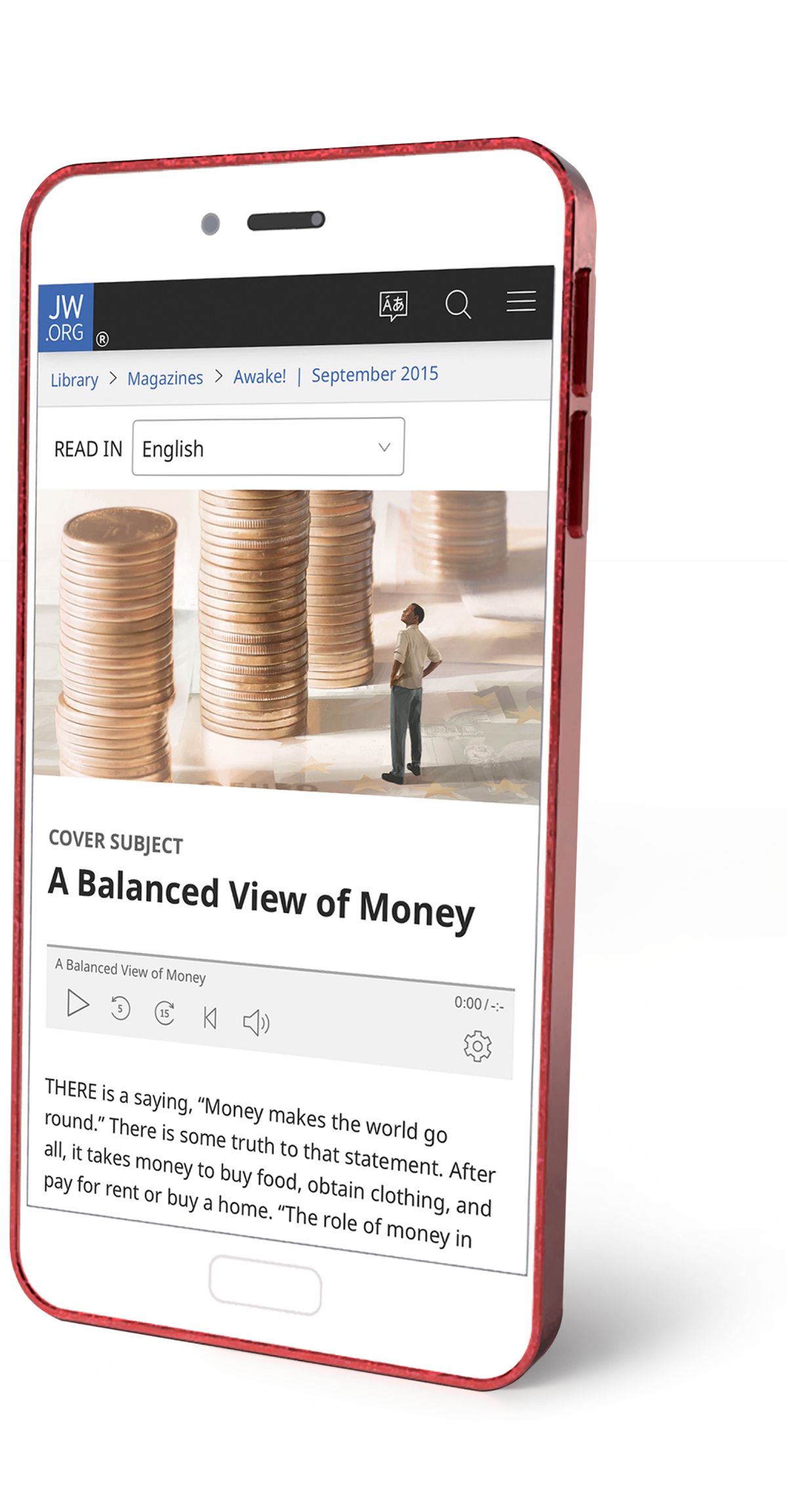 En telefonn avek sa lartik “A Balanced View of Money” lo jw.org.