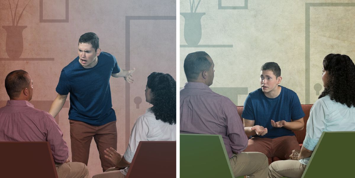 En garson adolesan i koz brit avek son paran. En garson adolesan i koz avek son paran avek respe