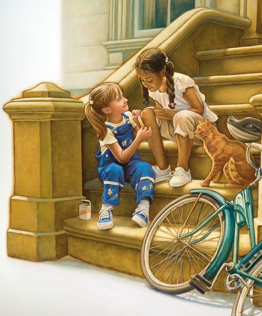 En pti fiy i ed en lot fiy ki pa menm kouler avek li pour met en bandaz lo son zenou