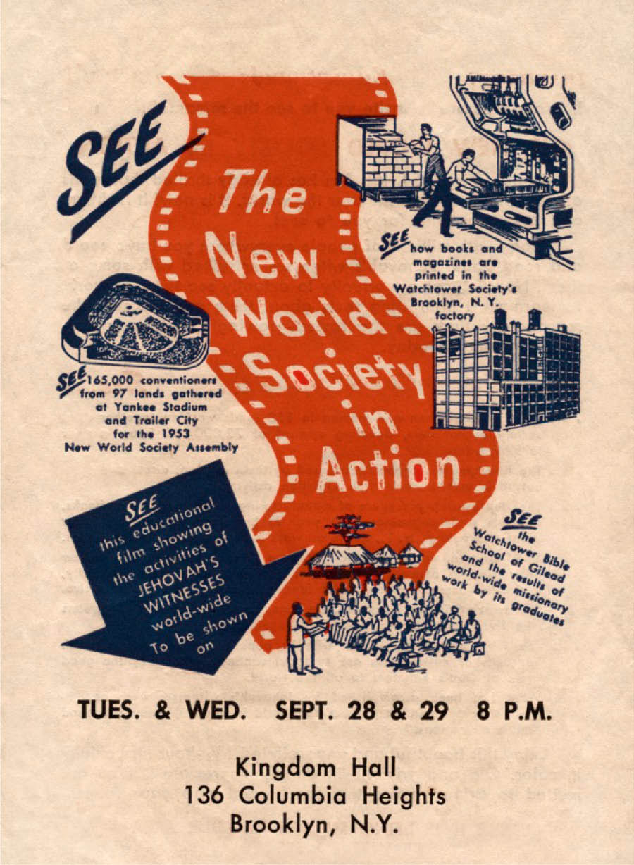 En poster ki pe fer lavertisman sa film “The New World Society in Action.”