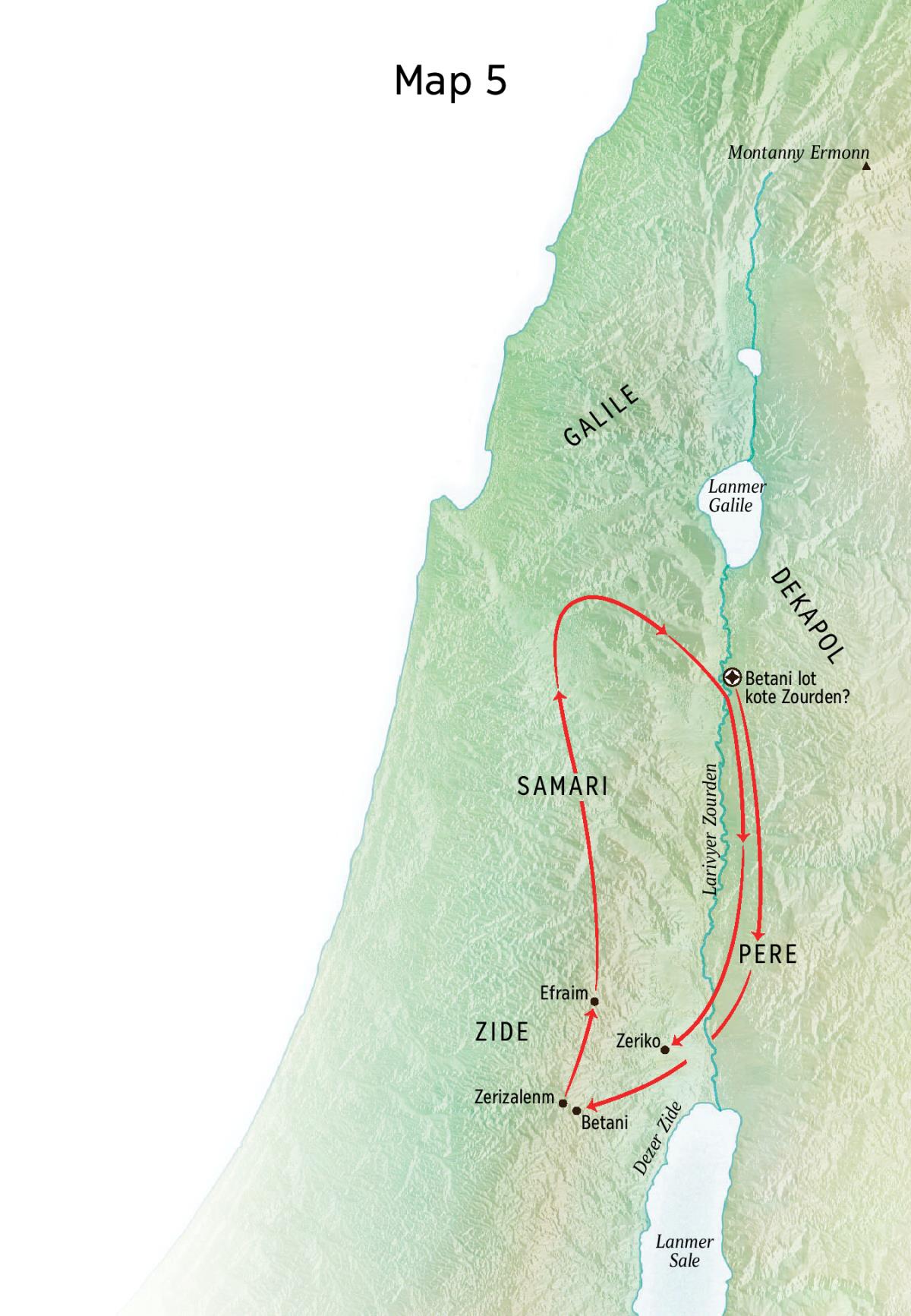 Map avek non bann landrwa kot Zezi ti prese: Betani, Zeriko, Pere