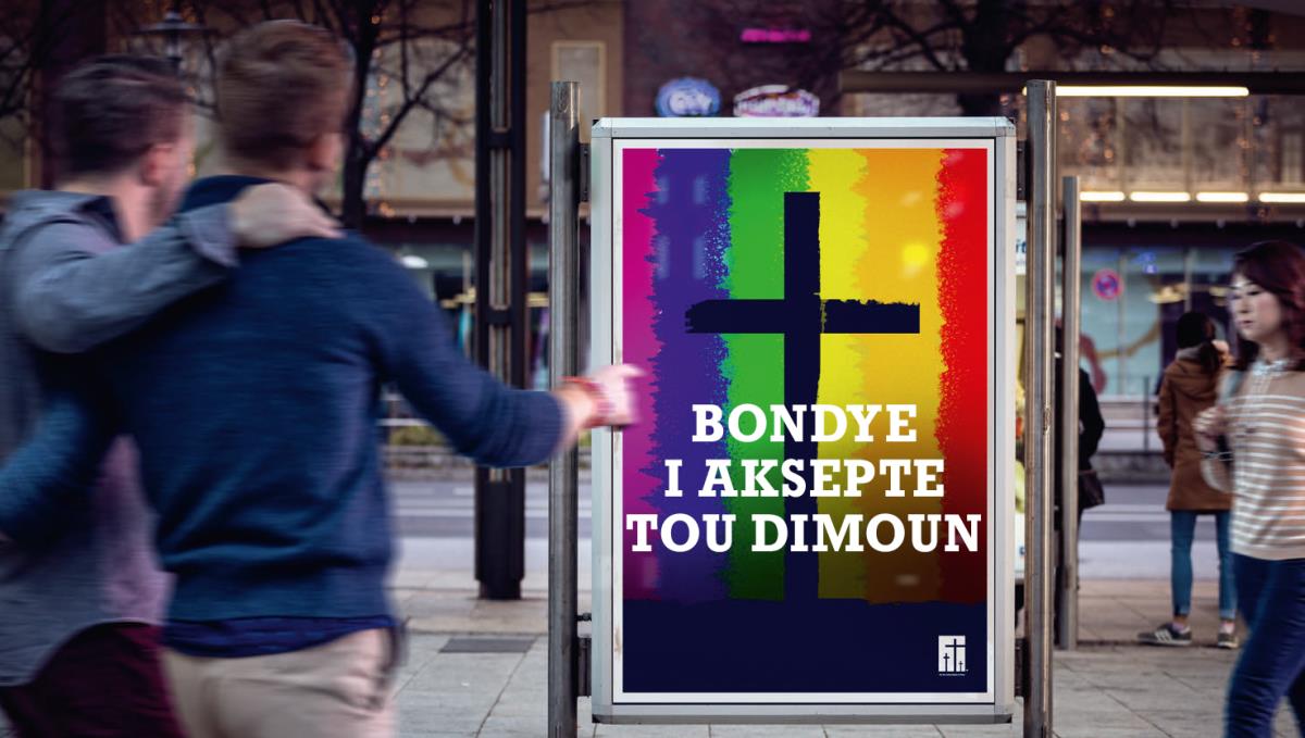 Bann kouler lo poster en legliz i montre ki zot aksepte bann omoseksyel