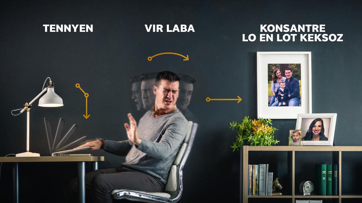 En frer i tenny son konpiter, i vir laba e i konsantre lo portre son madanm ek son zanfan