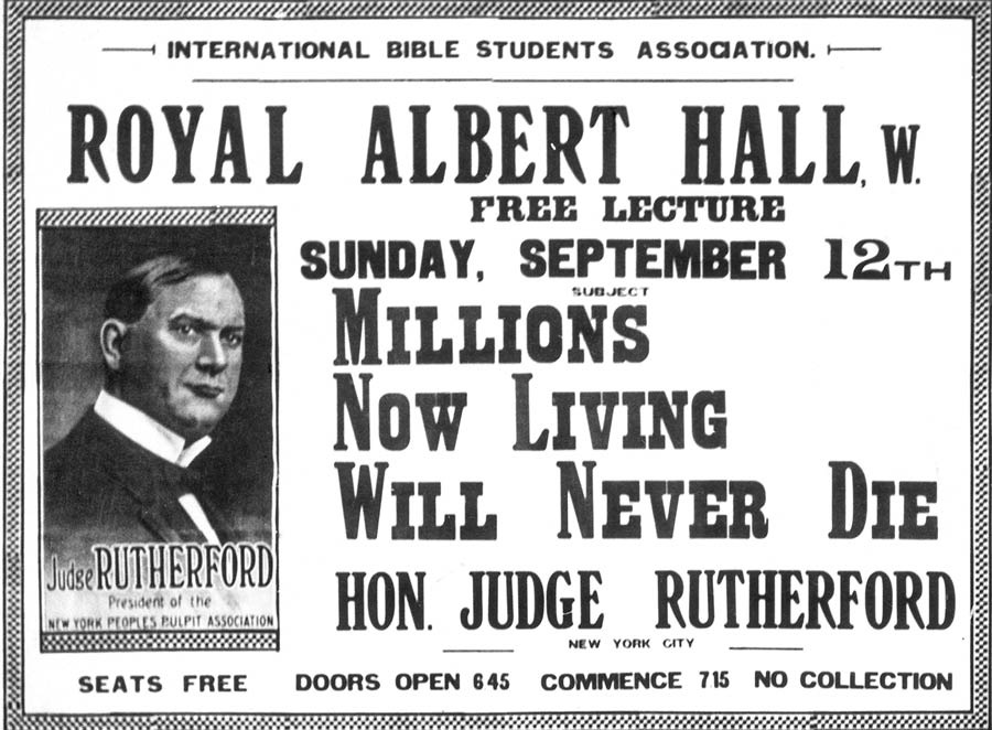 En poster ki pe fer lavertisman diskour ‘Millions Now Living Will Never Die’ par Ziz Rutherford.