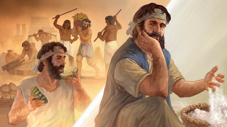 Portre: En zonm Izraelit avek lamann dan son lanmen anmezir i pe mazin ler i ti Lezip. 1. I pe manz en melon. 2. Bann Ezipsyen pe bat e maltret bann lesklav Izraelit.