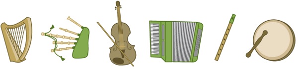 1. keltské harfa; 2. irské dudy; 3. housle; 4. harmonika; 5. zobcová flétna; 6. bodhrán (buben)