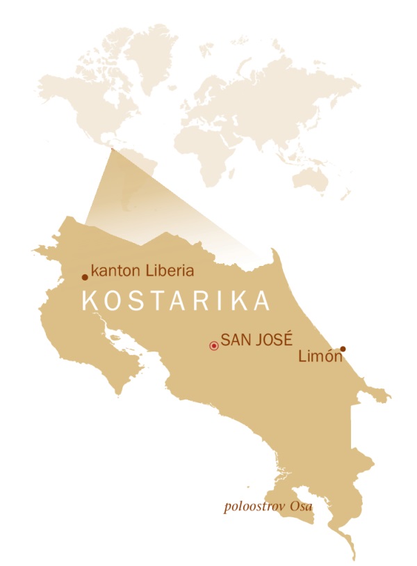 Mapa světa s vyznačenou polohou Kostariky