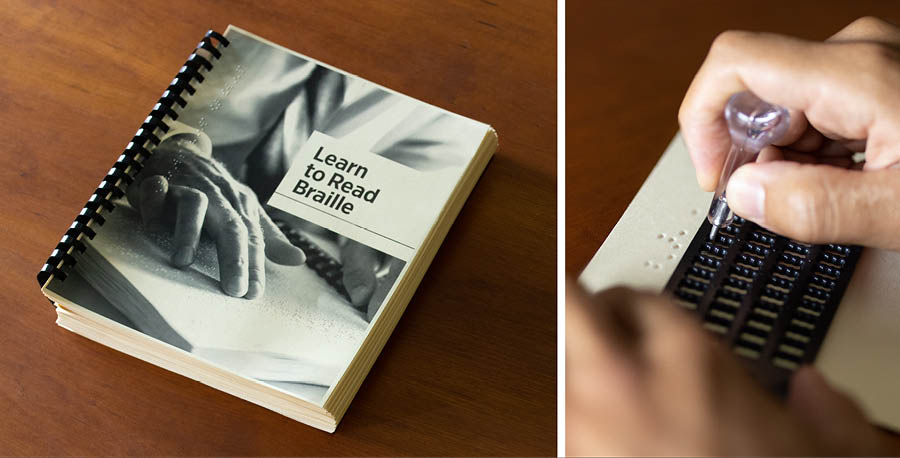 Koláž: 1. pracovní sešit Learn to Read Braille (Naučte se číst Braillovo písmo). 2. Nějaký člověk píše znaky Braillova písma pomocí tabulky a bodátka