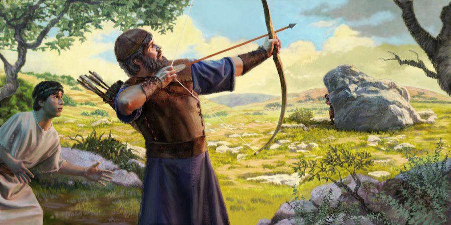 Jonatan se chystá vystřelit šíp jako signál pro Davida