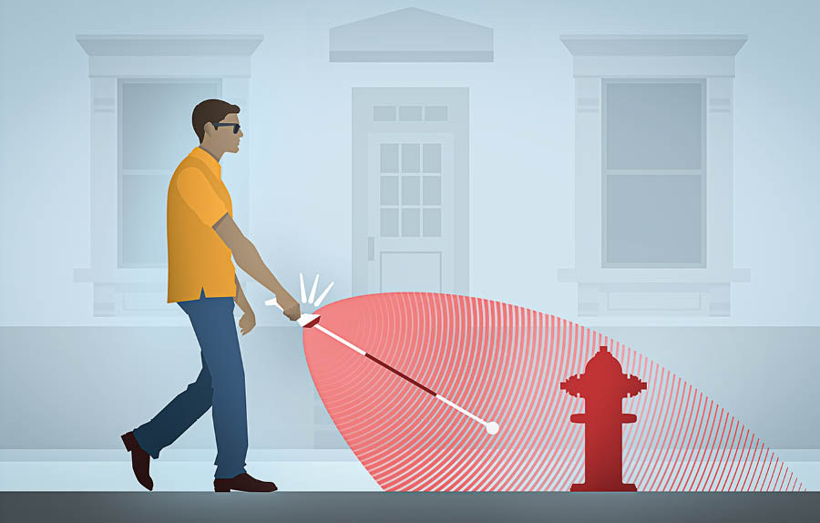 Nevidomý muž jde s elektronickou slepeckou holí v ruce. Echolokace v holi signalizuje, že mu v cestě stojí požární hydrant