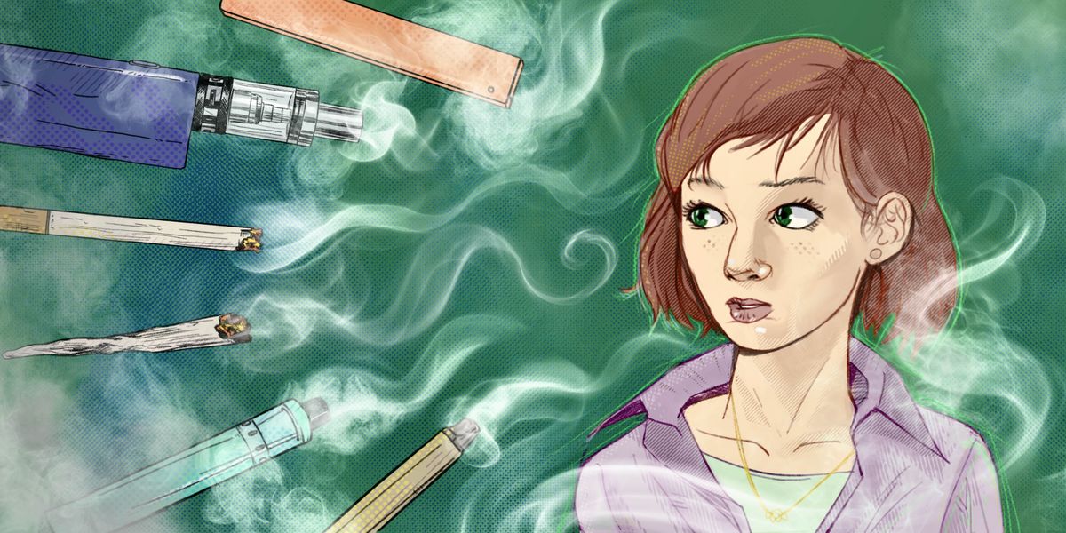 Nejistá dívka obklopená kouřem z cigaret a párou z vapovacích per a e-cigaret.