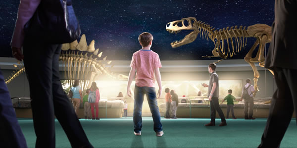 Studenti si v muzeu prohlíží zkameněliny dinosaurů