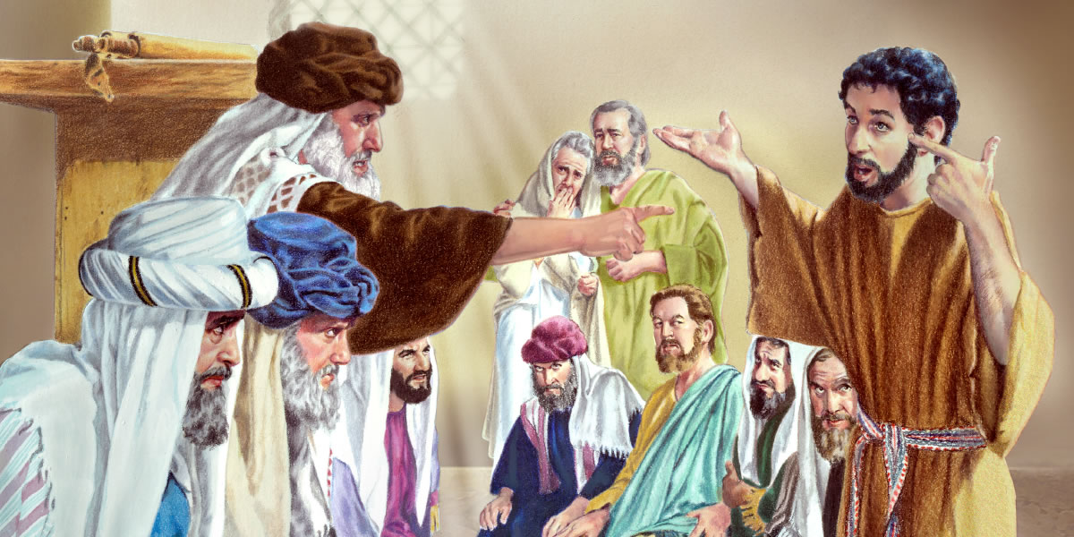 Žebrák, který byl dřív slepý, odpovídá rozzuřeným farizeům a jeho rodiče přihlížejí