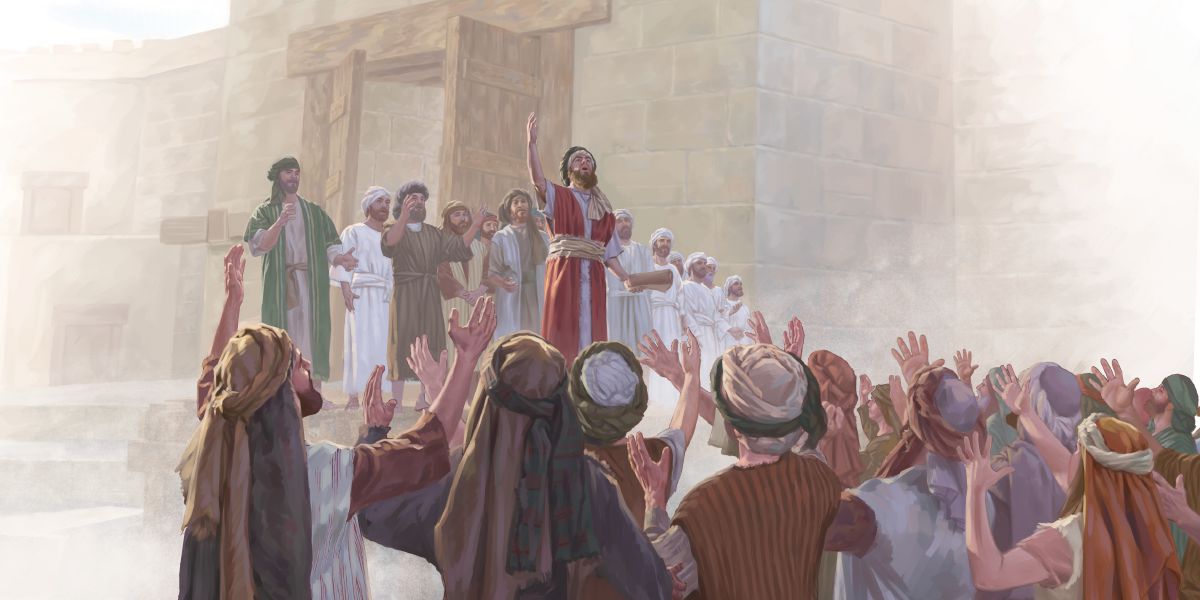 Ezra na náměstí chválí Jehovu a lidé souhlasně zvedají ruce