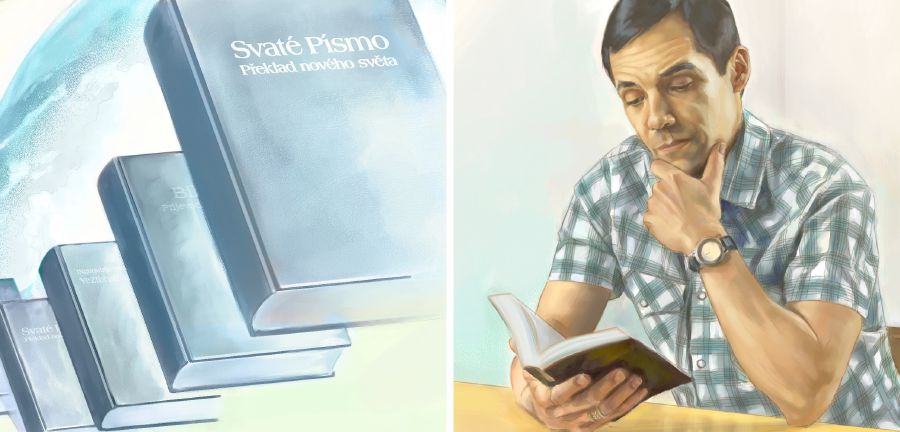 Bible v mnoha jazycích; muž čte Bibli ve svém jazyce