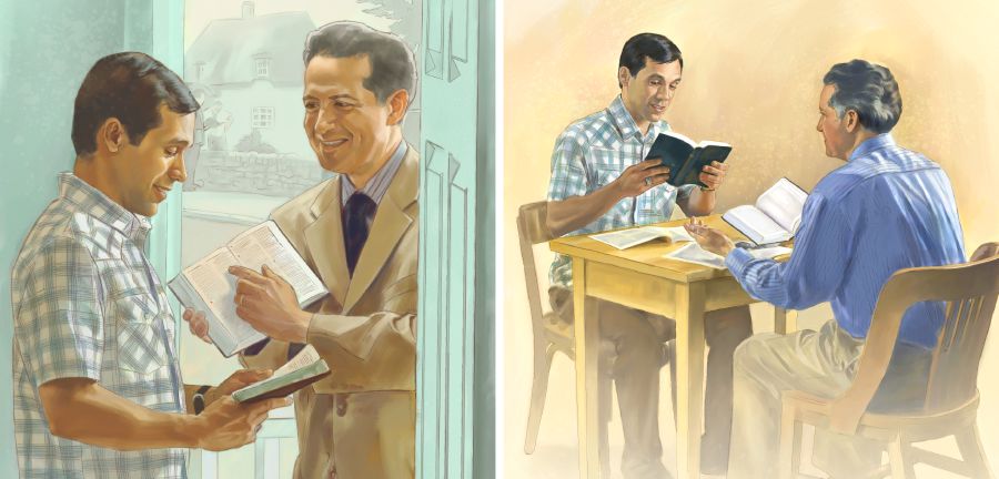 Svědek Jehovův čte muži biblický verš, pak s ním studuje Bibli