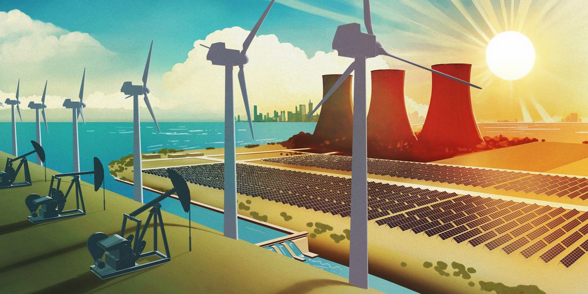 Krajina s průmyslovými zařízeními – ropnými čerpacími věžemi, větrnými turbínami, vodní elektrárnou, solárními panely a chladicími věžemi jaderné elektrárny.