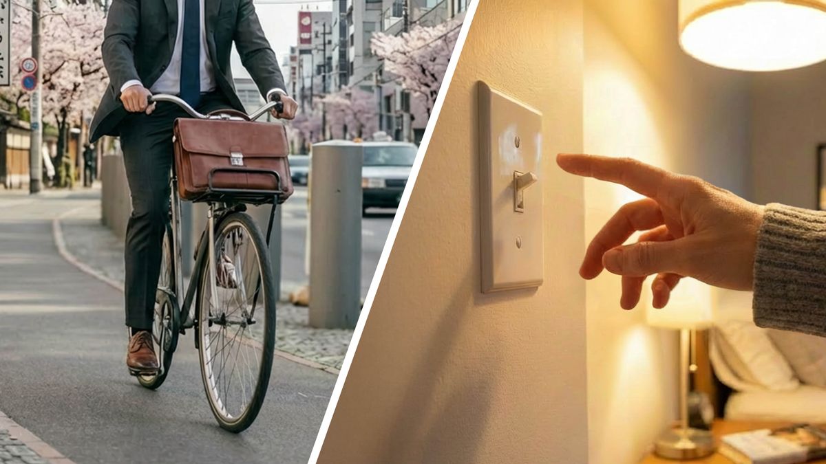 Koláž: Způsoby, jak šetřit energií. 1. Muž jede do práce na kole. 2. Ruka na vypínači zhasíná světlo.
