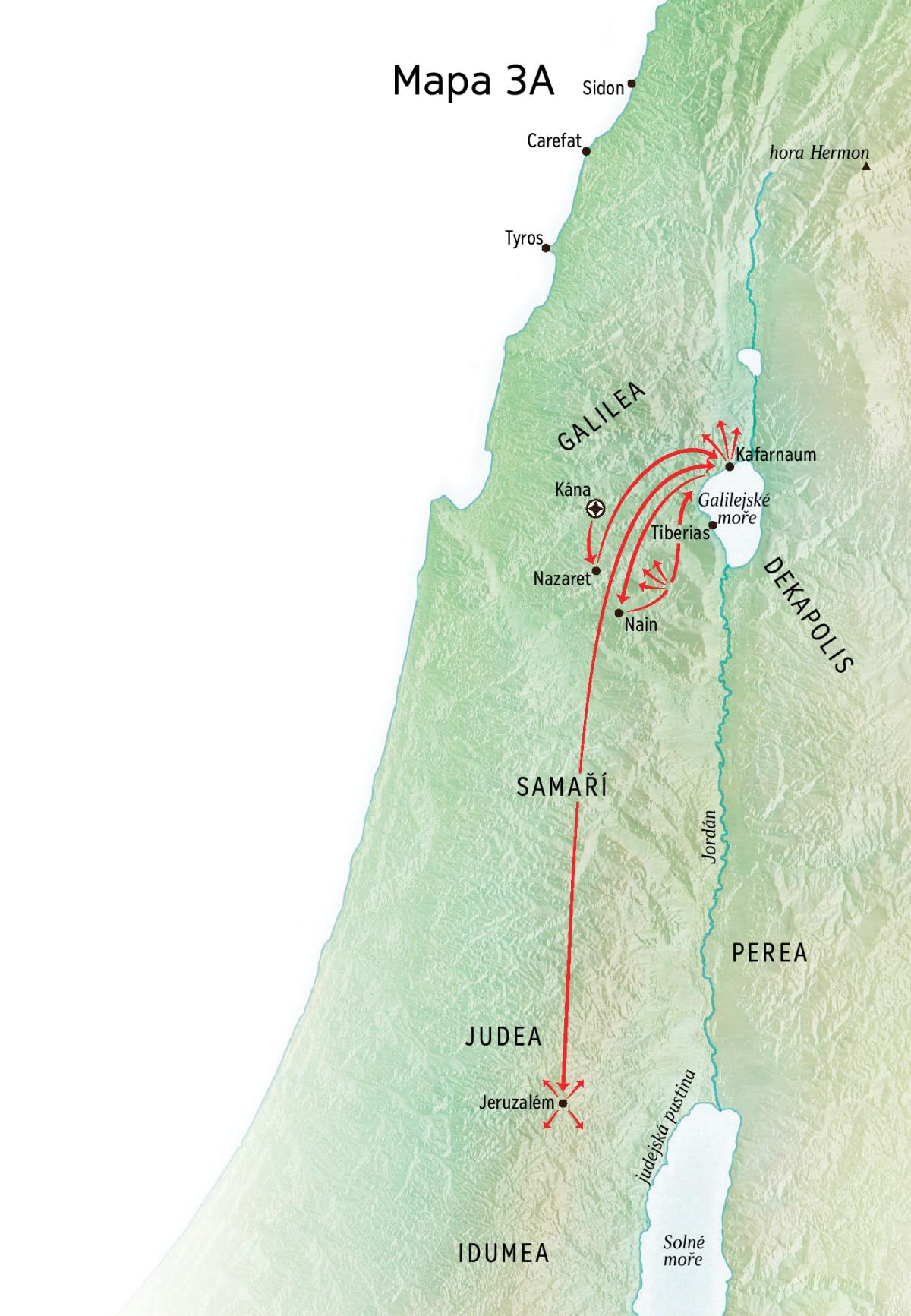 Mapa zachycující Ježíšovu službu v Galileji, Kafarnau a Káně