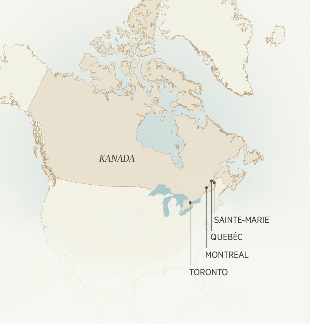 Mapa Kanady s vyznačenými městy, ve kterých Léonce Crépeault sloužil: Sainte-Marie, Québec, Montreal a Toronto