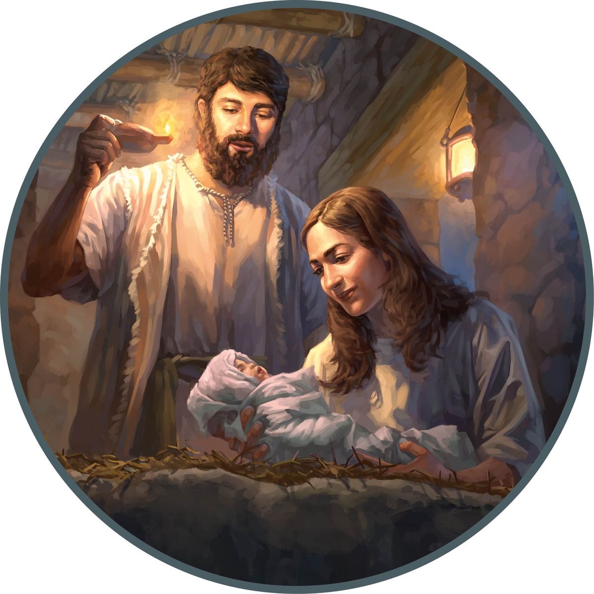 Josef s Marií ukládají Ježíše do jeslí