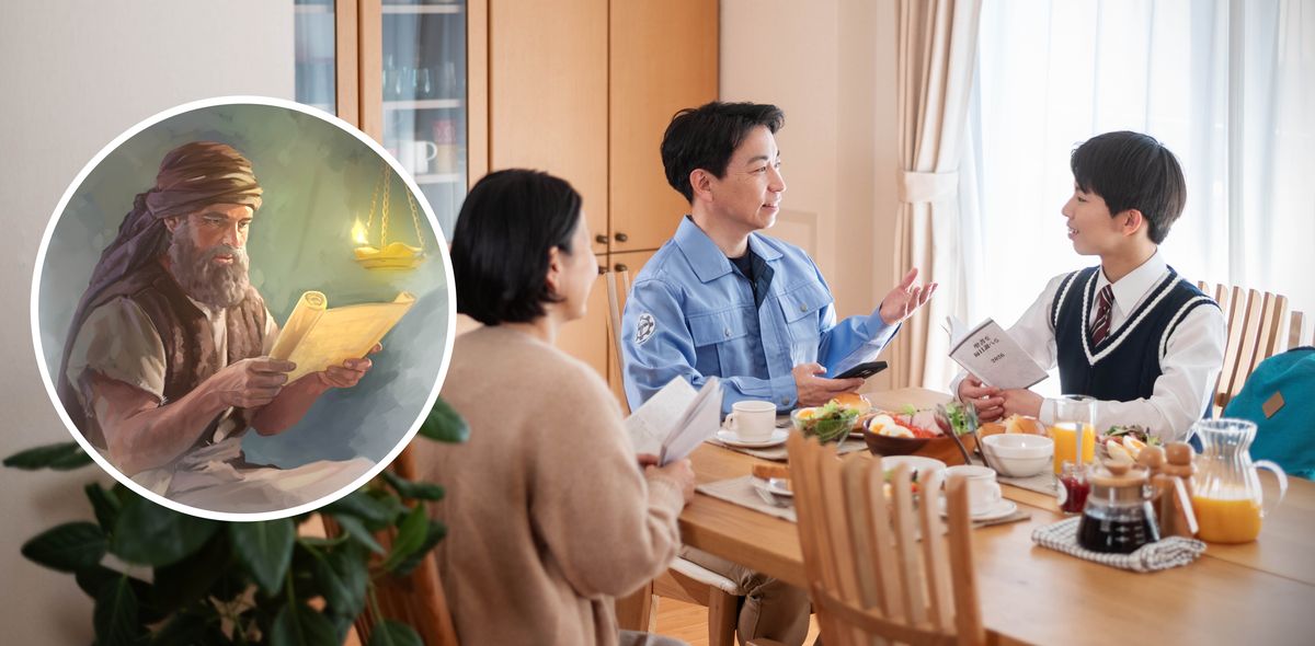Koláž: Když si Boží služebníci čtou Písmo, získávají sílu. 1. Jozue si čte knihu Zákona 2. Rodina si čte verš na den při snídani, než vyrazí do školy nebo do práce.