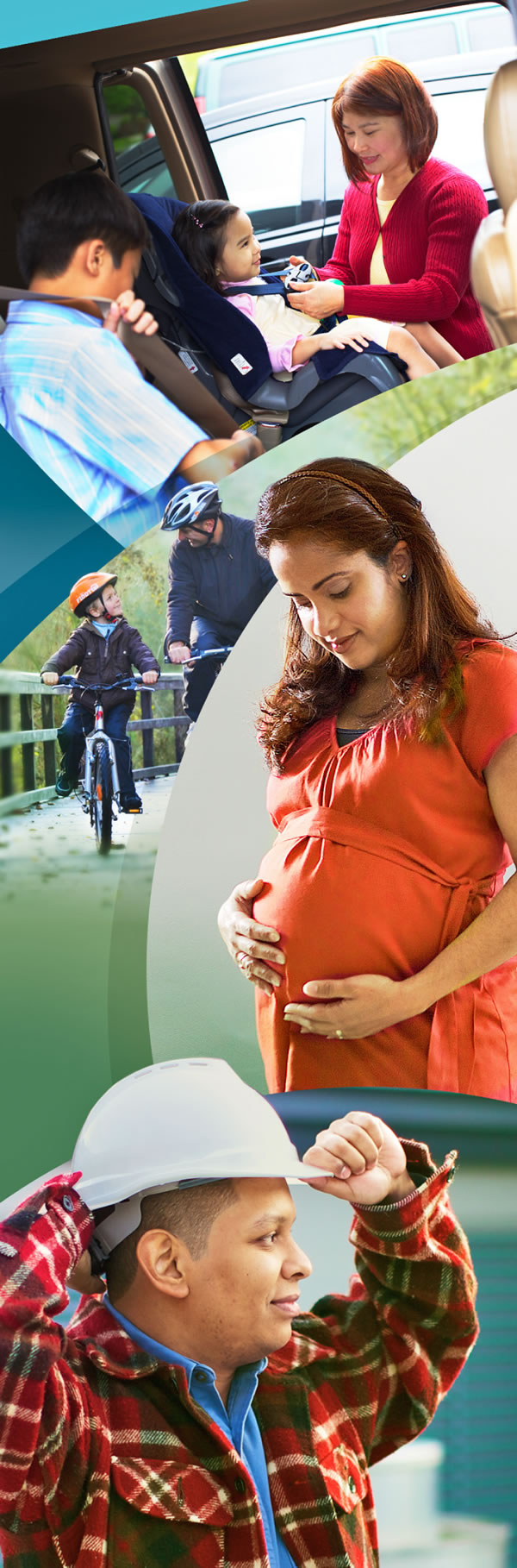 Uplatňování biblických zásad: Matka dává dítě do autosedačky; otec a syn mají cyklistickou přilbu; těhotná žena; pracovník na stavbě dodržuje bezpečnostní předpisy