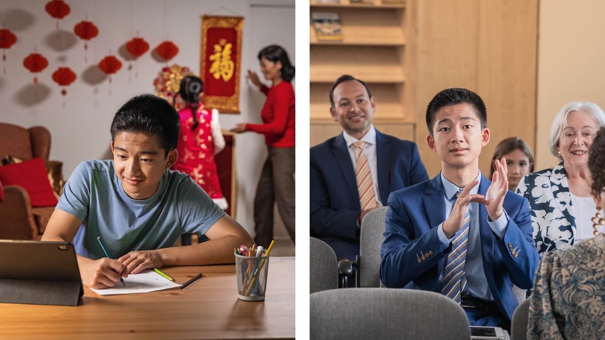Serie de imágenes: 1. Un hermanito joven estudia una publicación bíblica mientras su familia, que no es Testigo, decora su casa para una festividad. 2. El mismo joven comenta en una reunión.