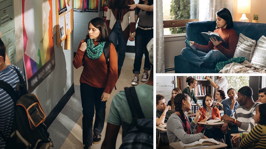 Serie de imágenes: En la escuela, una hermana joven resiste la presión para aceptar la conducta inmoral. 1. Mientras camina por un pasillo de la escuela, ve unos carteles que promueven la homosexualidad. 2. En su casa, lee la Biblia y usa un dispositivo electrónico para buscar información. 3. En clase, una compañera le ofrece una pulsera de colores que apoya la homosexualidad y la hermana la rechaza ante la mirada de desaprobación de varios compañeros.