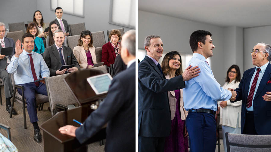 Serie de imágenes: 1. El estudiante comenta en el Estudio de La Atalaya. 2. El hermano que dirige el Estudio de La Atalaya felicita al estudiante después de la reunión.
