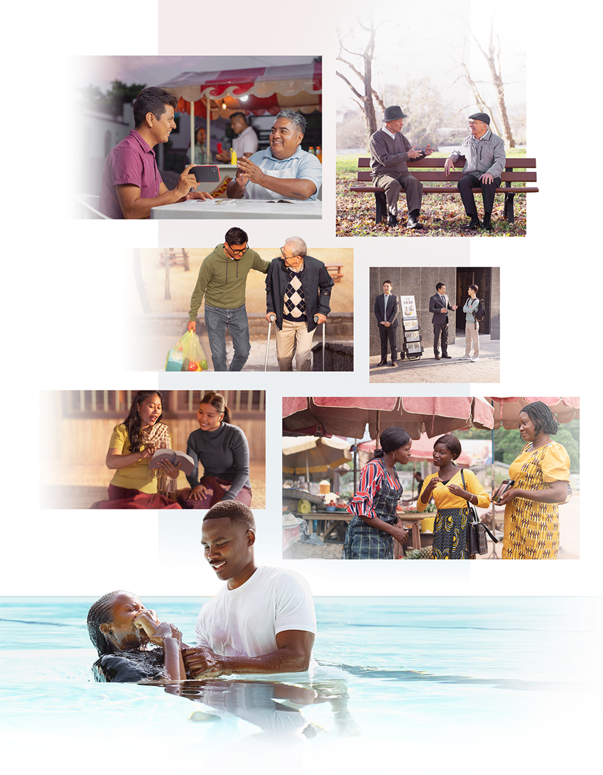 Imágenes de testigos de Jehová que muestran amor y hacen discípulos. 1. Una hermana habla con una mujer en un autobús. 2. Un hermano mayor habla con un hombre; están sentados en un parque. 3. Un hermano joven le ayuda a un hombre mayor a cargar una bolsa con las compras. 4. Un hermano en el carrito le predica a un joven. 5. Una hermana le lee un texto bíblico a una joven. 6. Un matrimonio que está predicando de casa en casa le lee un texto bíblico a un hombre. 7. Un hermano bautiza a una nueva hermana.