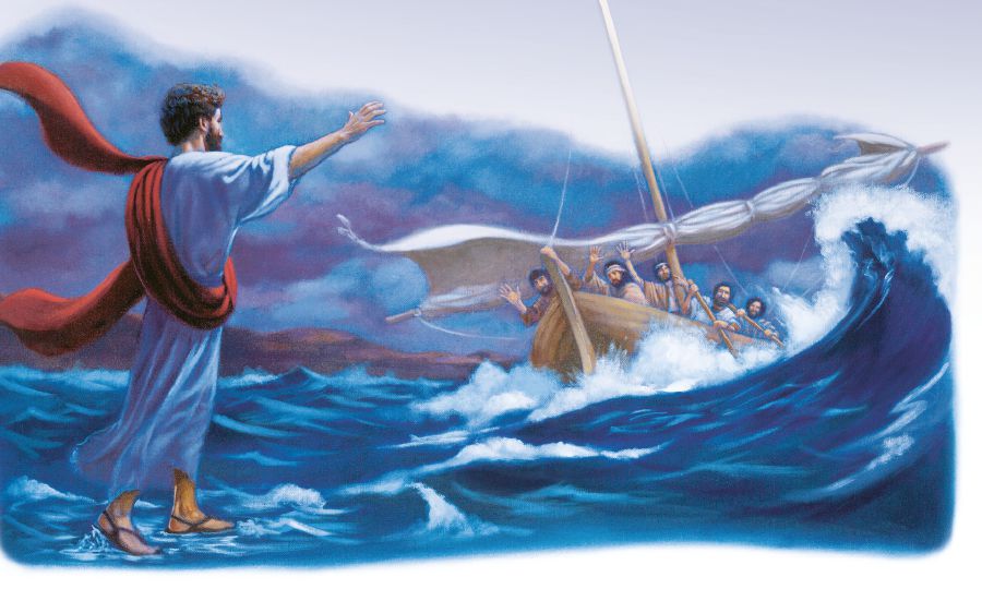 Jesús camina sobre las aguas acercándose a la barca de sus discípulos