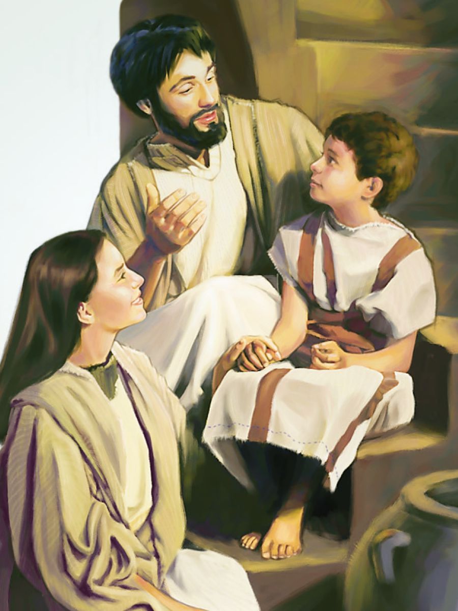 María y José hablando con su hijo pequeño, Jesús