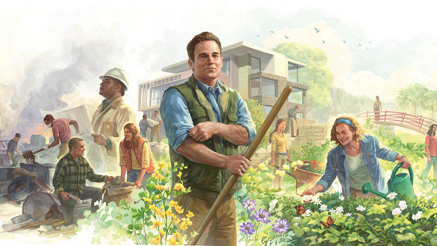 Imágenes de personas convirtiendo la Tierra en un paraíso. 1. Quitando los escombros. 2. Construyendo casas y caminos. 3. Cuidando los jardines.