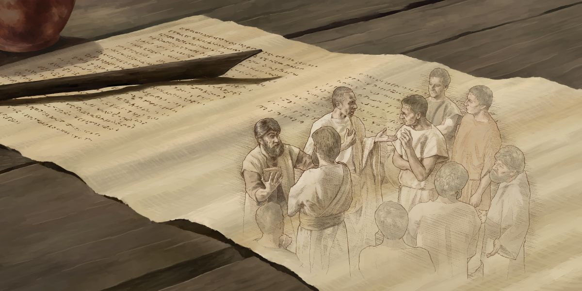 Hermanos de la congregación de Colosas del primer siglo conversan sobre la carta que les escribió Pablo