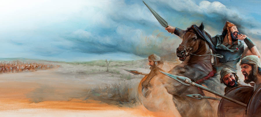 El rey Asá va en su caballo a la batalla con sus soldados. Se dirigen a luchar con un gigantesco ejército etíope.