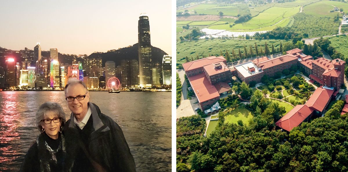 Serie de imágenes: 1. Reino y Lesli delante de un grupo de rascacielos de Hong Kong. 2. Sucursal de Corea del Sur.