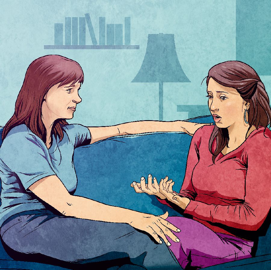 Una joven habla con una amiga