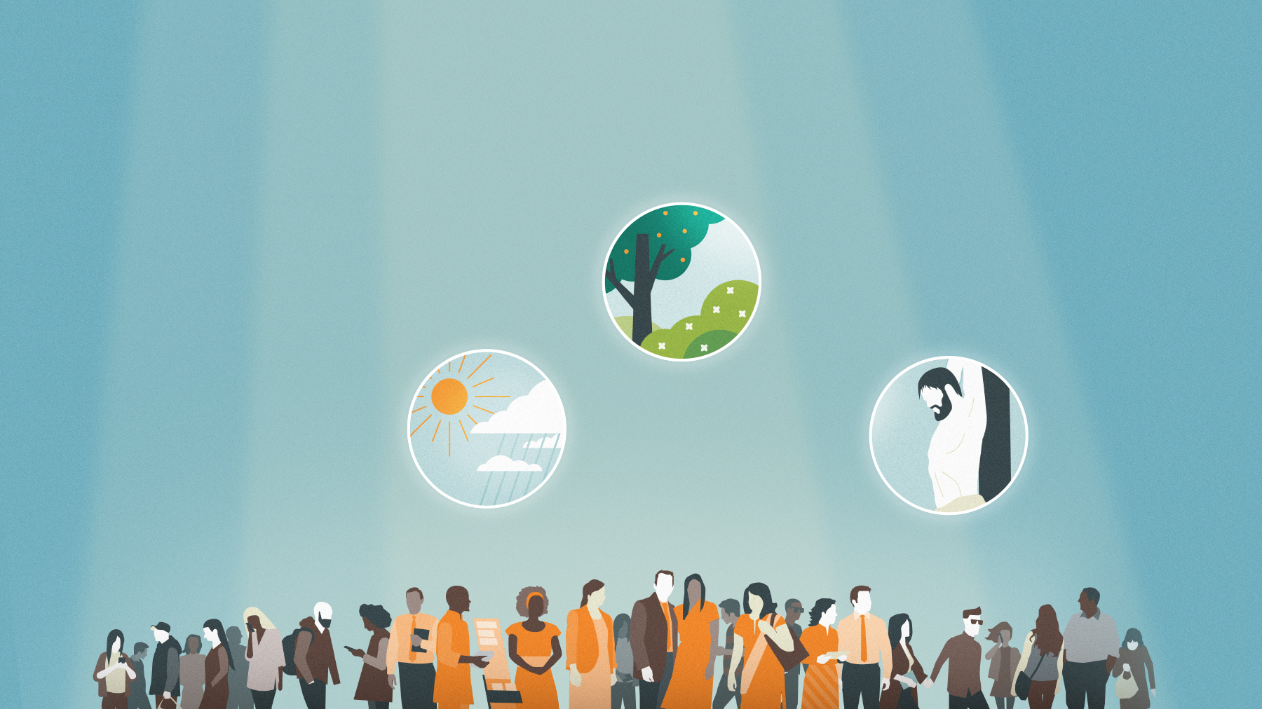 各种年纪和背景的人。耶和华表现爱心的几种方式。图1：阳光雨露。图2：花草树木。图3：有希望从赎价获益。