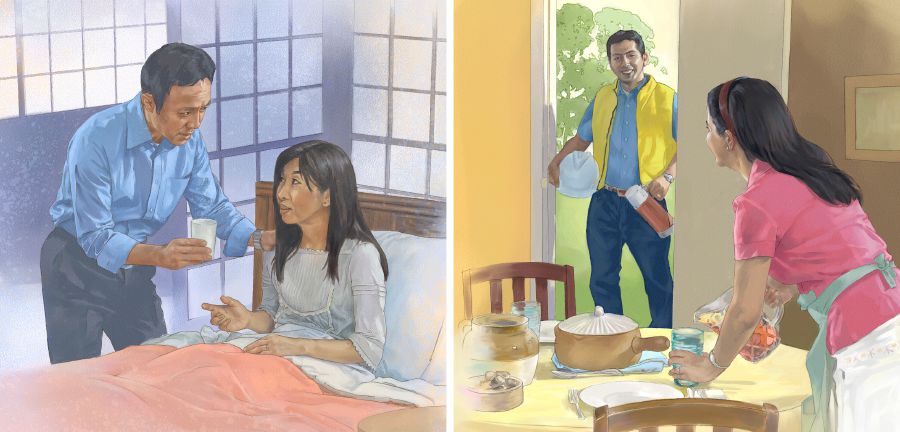 A husband  cares for his sick wife; a wife has prepared a meal for her husband