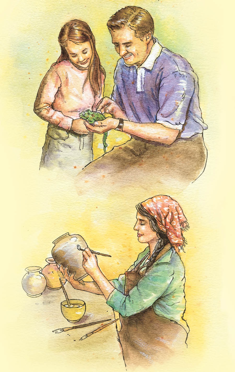 A man and a little girl look at an animal, and a woman paints