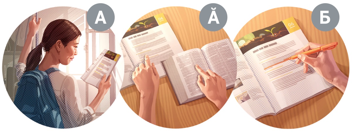 Хӗрарӑм хӑйӗн Библи вӗренӗвне мӗнле хатӗрленнине кӑтартакан ӳкерчӗксем: А) вӑл урокӑн пӗрремӗш страницине вулать; Ӑ) вӑл Библири сӑвӑ йӗркисене вулать; Б) вӑл тӗп сӑмахсемпе сӑмах ҫаврӑнӑшӗсене аялтан туртса палӑртать.