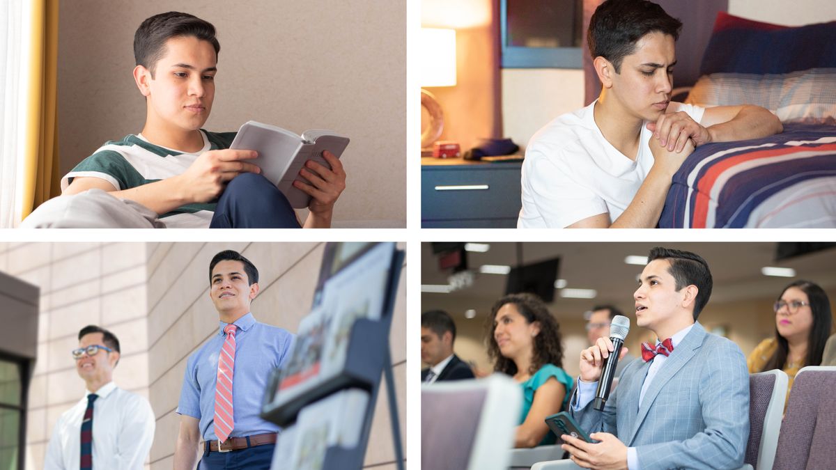 Ҫамрӑк арҫын тӑван хӑйӗнпе Иегова хушшинчи хутшӑнусене упраса хӑварас тесе вӑй хунине кӑтартакан ӳкерчӗксем: 1) вӑл Библи вулать; 2) вӑл хӗрӳллӗн кӗлтӑвать; 3) пухӑвӑн тӗлпулӑвӗнче вӑл комментари парать; 4) вӑл стендпа ырӑ хыпар сарать.