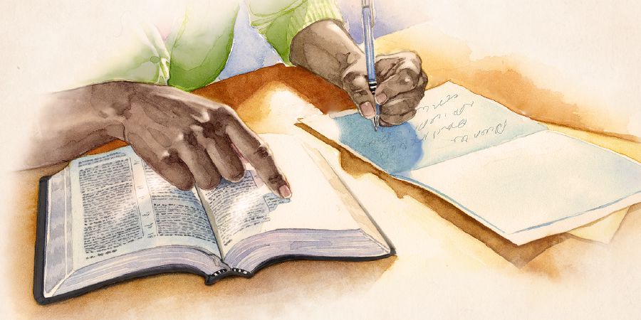 Хӗрарӑм Библири сӑмахсемпе лӑплантарас шутпа открытка ҫырать