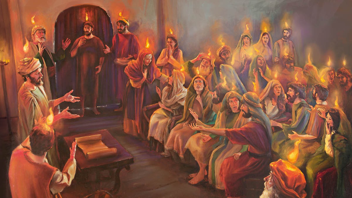 120 вӗренекенӗн пуҫӗ тӑрринче «вут ҫулӑмӗсем евӗрлӗскерӗ курӑнса кайнӑ», вара «вӗсем пурте Таса Сывлӑшпа хӑватлӑланнӑ».