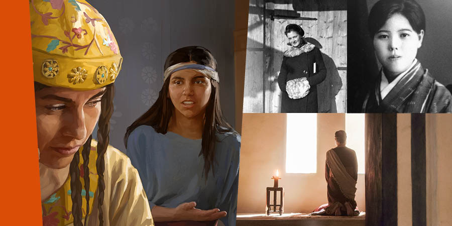 Collage: 1. Den israelitiske pige der var taget til fange, taler med sin herres hustru. 2. Ella Toom som ung. 3. Matsue Ishii som ung. 4. Daniel ser ud af vinduet og beder til Jehova.